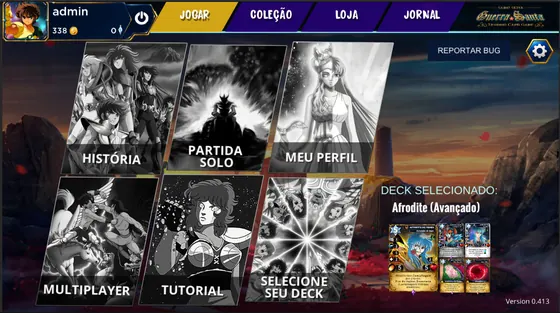 Tela do menu principal do Guerra Santa Card Game